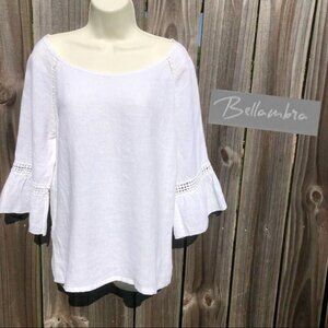 Bellambia Italian Linen Top Medium Blouse Bell Sleeve White Bateau 3/4 Sleeve